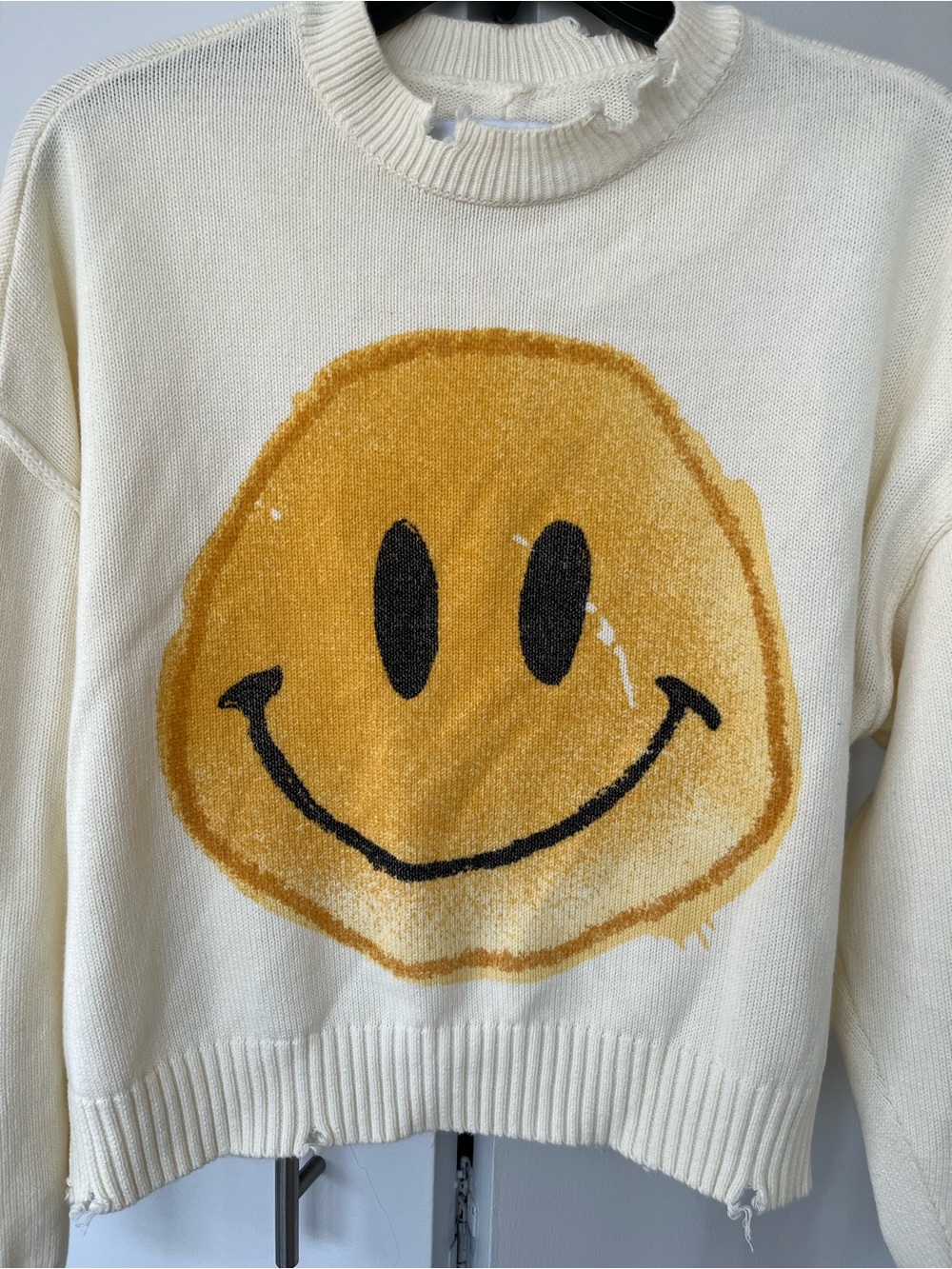 Pistola Eva Smiley Face Cropped Sweater- Size S- Ivory and yellow